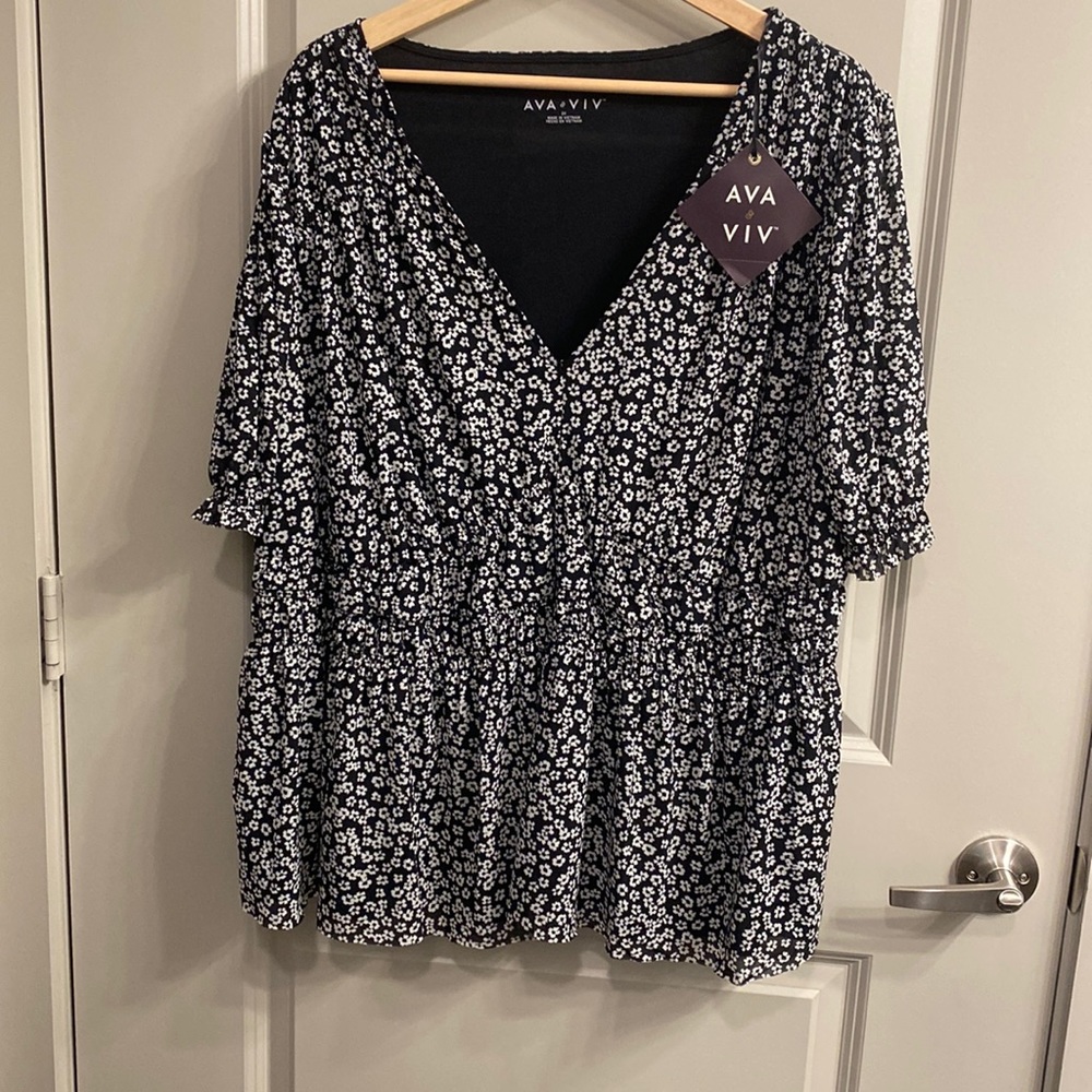 Ava & Viv - Puff Short Sleeve V-Neck Mesh Top - Black Floral 2X